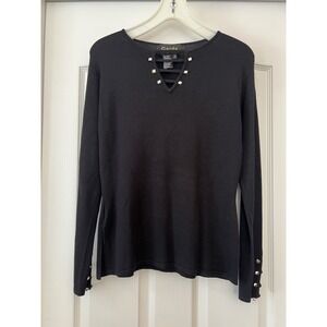 Vintage Gardy Sweater Womens Medium Black‎ Y2K Floral Silver Glam Knit Gothic